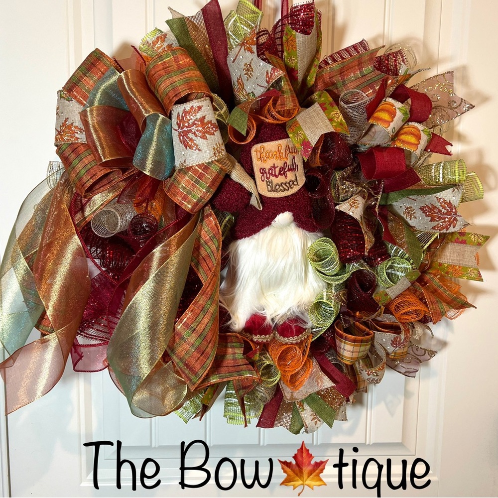 Autum Fall Ribbon Wreath Thankful Gnome Handmade 22 in’s. #W4
